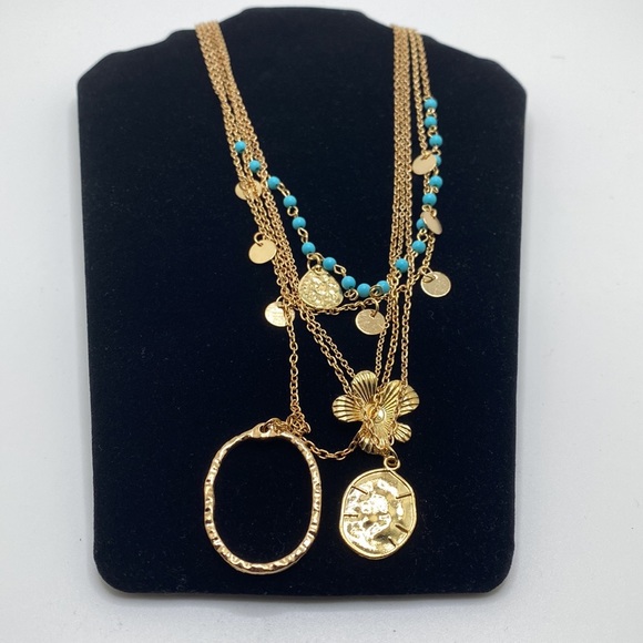 Lady Arya Bohemian Festival Aqua & Gold Floral Necklace Chain Layered Hammered - Picture 8 of 12